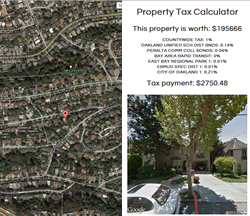 Screenshot from the Alameda County Property Tax Calculator app showing a map with property tax information.