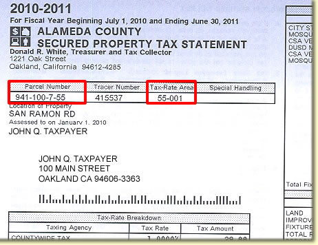 Image of property tax bill showing location of the Tax Rate Area.