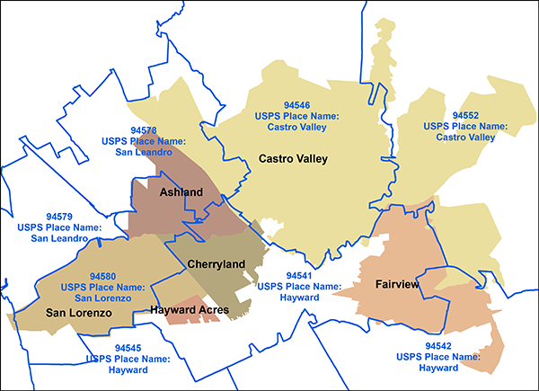 image of map showing that place names and zip cods do not align with urban unincorporated Alameda County communities