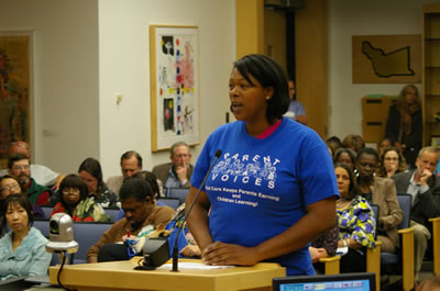A woman speaks at the Alameda County Board of Suvervisor meetings on the Human Impact Budget.