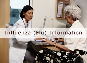 Picture of a doctor talking to a patient. text over image says Influenza Information