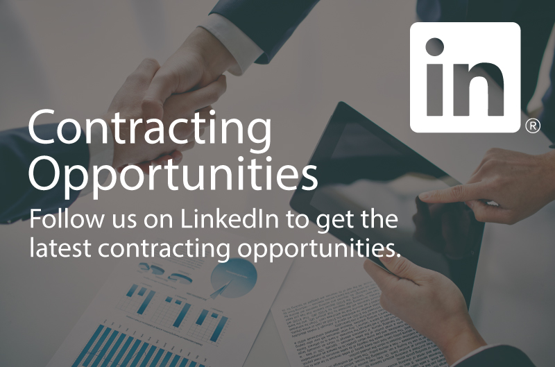 Photo showing hands shaking. Words say; Contracting Opportunities. Follow us on LinkedIn to get the latest contracting opportunities.