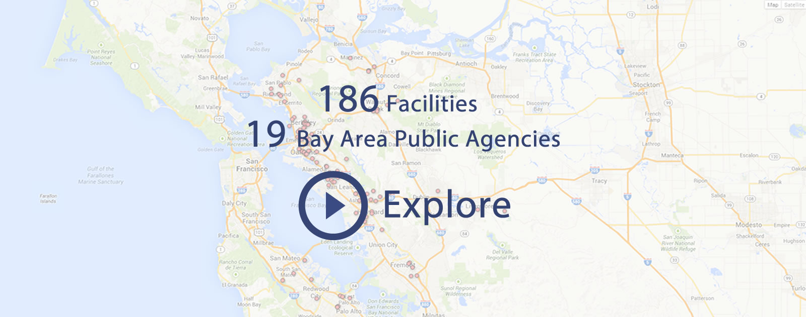 image of map with text '186 facilities, 19 bay area public agencies' and a call to explore the map further