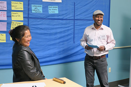 Two people in front of a board at a workshop