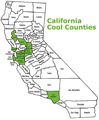 California Counties map with counties shaded green that have joined the Cool Counties initiative.