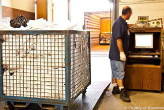 Photo of an employee weighing a container of recycled paper.