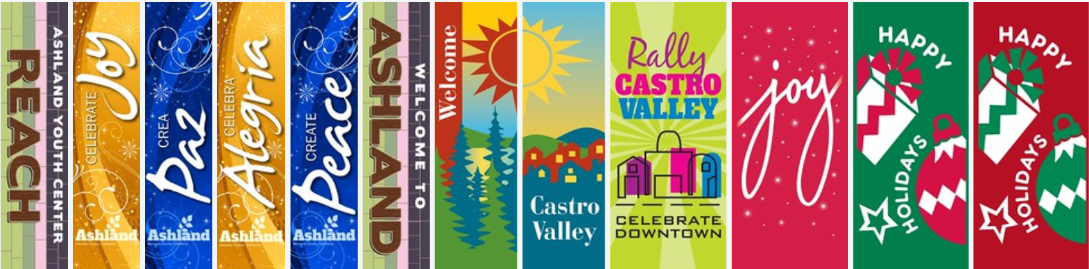 Colorful Banners created to brand commercial areas in urban unincorporated Alameda County