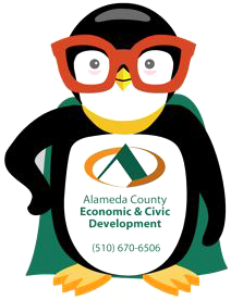 drawing of a penquin with cape and glasses and ECD logo and phone number 510-670-6506