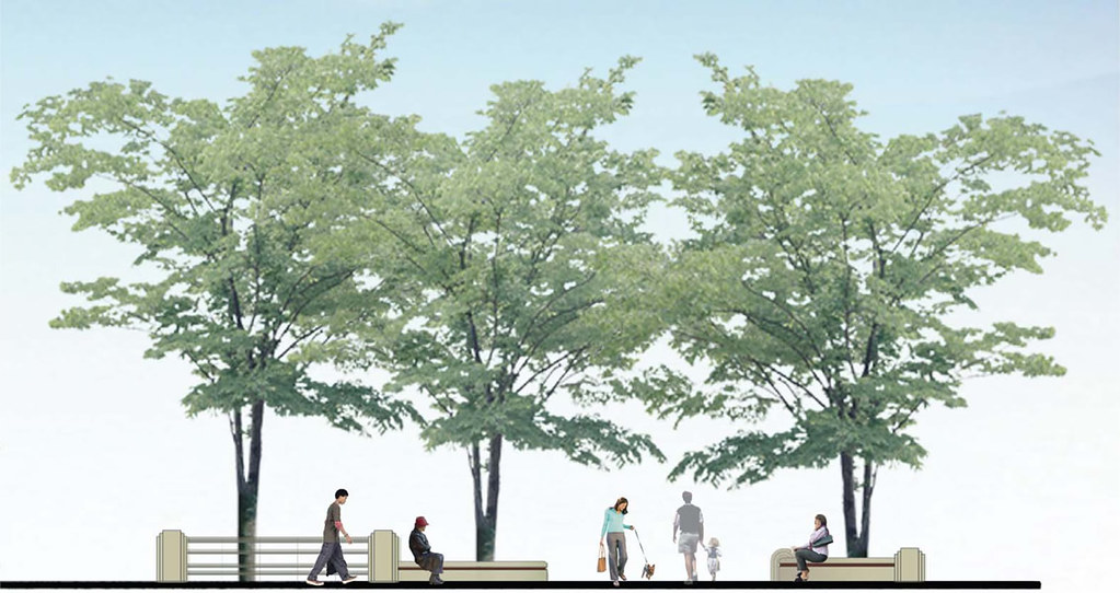 Rendering of Hesperian Streetscap showing large trees. Photo links to photo album that open in a new window.