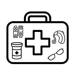 Emergency kit with medicine, glasses, and a hearing aid